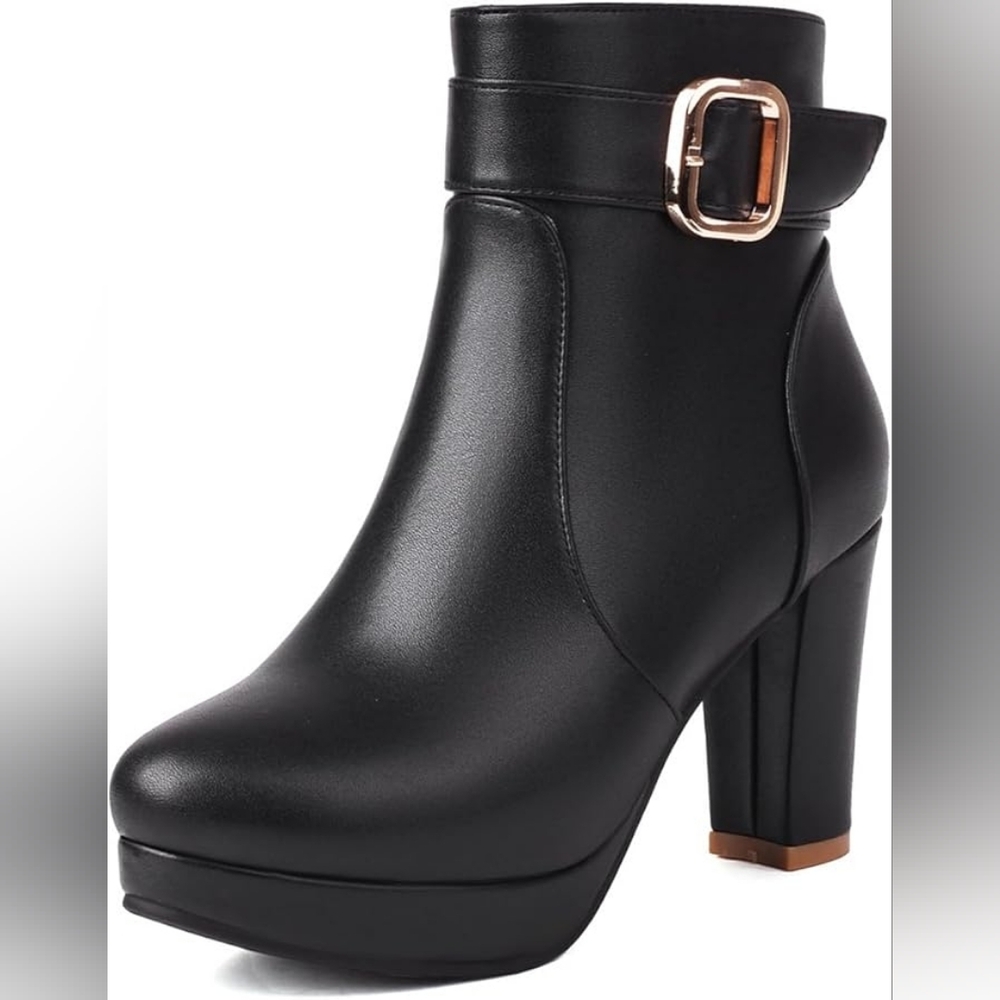 Elegant Black Ankle Boots With Gold Buckle Size 7 No Brand, 3.5" Heels